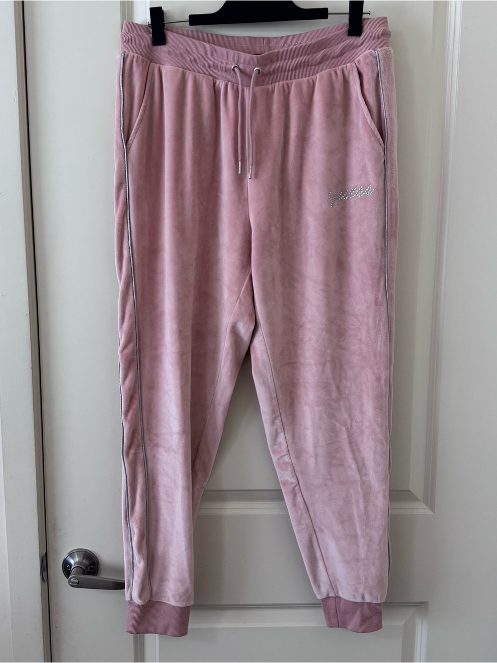 GUESS Women’s Pink Velour Jogger Pants L Drawstring Elastic Waist
